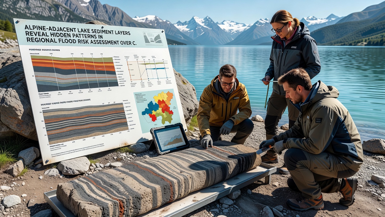 Researchers examining sediment core samples in a laboratory setting with magnified views of flood deposit layers displayed on adjacent screens
